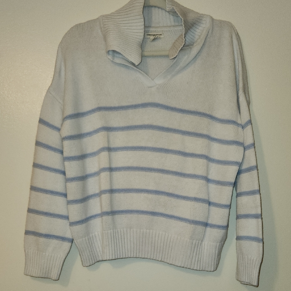 Christian Siriano V-Neck Sweater in White and Blue Stripes